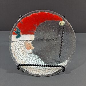 Peggy Karr Crescent Moon Santa Claus Fused Glass Plate Signed 8”